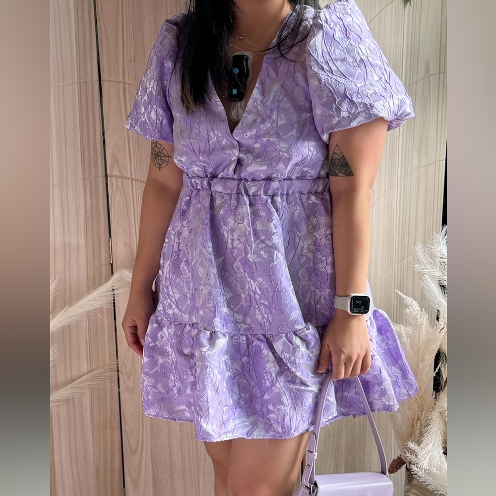 Purple Floral Dress with Puff Sleeve. Wore only one time for bridal shower